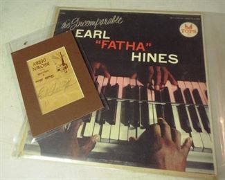 Earl Fatha Hines LP, with autographed table tent card from the Brown Derby restaurant