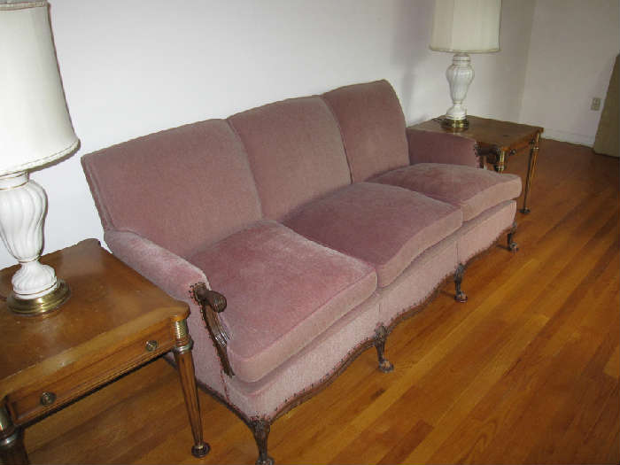 This beautiful 1950's Mohair couch is straight out of Leave it to Beaver!  There are two matching chairs and an ottoman!