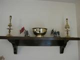 Brass candlesticks and bowl.