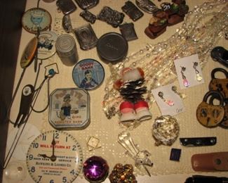 Tin litho advertising, vintage locks, knives, jewelry 
