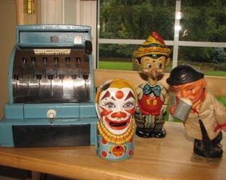 Vintage 30's J. Chein Tin Litho Creepy Clown Mechanical Coin Bank, 
Cash Register, 
Vintage 1930’s Tin Walking Pinocchio Windup Made By Marx  
