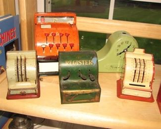 vintage tin litho banks - registers and clock