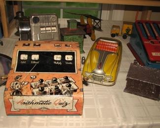 Vintage Arithmetic Quiz Tin Toy, Mechanical, by Wolverine;  tin litho windup car, banks