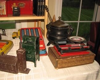 vintage banks, fireplace oil pot, simplex typewriter