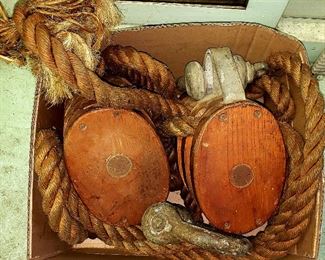 Huge antique wooden pulleys, tackle