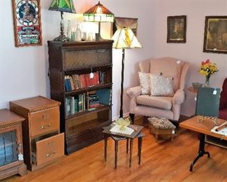 barrister book case, glass lamps, arm chair