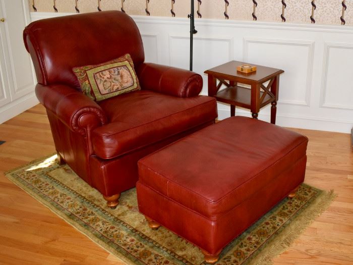 Ethan Allen red leather chair and ottoman