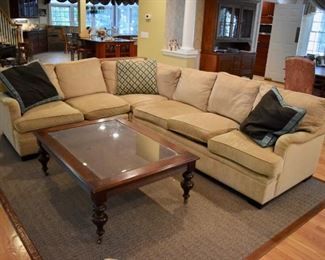 Duralee sectional sofa and glass and Ethan Allen cane topped coffee table