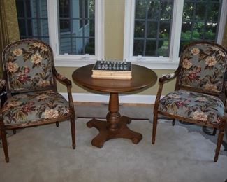 Pair of Ethan Allen open arm chairs and Ethan Allen pedestal table