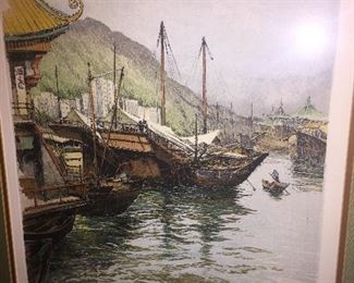 early signed etching by Liugi Kasimir of "Hong Kong Harbor"