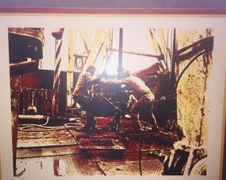 framed and signed print of an oil well driller "Drilling IV"