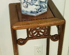 Walnut Plant Stand with Dolphin China Dynasty Blue Tea Pot
