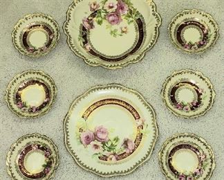 Carlsbad Made in Austria Plate, Fruit Bowl & 6 Berry Bowls {Roses wit gold filigree with red band}