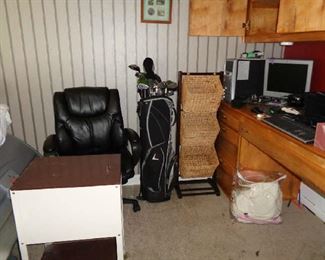 OFFICE CHAIR, ROLLING FILE DRAWER, GOLF CLUBS