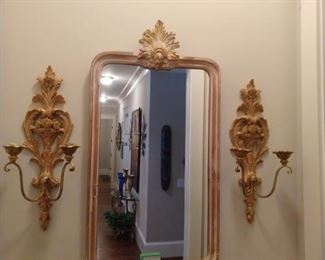 Pair of vintage Italian gilt wood two-light wall sconces, with natural wood wall mirror.