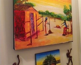 Original oil on canvas, from Ghana, along with hand carved dancing females.