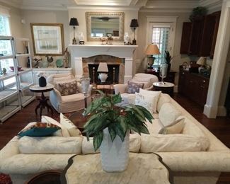 Living room full of goodies! Like new sectional sofa, by Perfection Furn. Co., Hickory, NC., PAIR of linen armchairs, by Verellen (Conceived in Belgium, perfected in America) pair of mahogany end tables, w/white marble tops, etc.