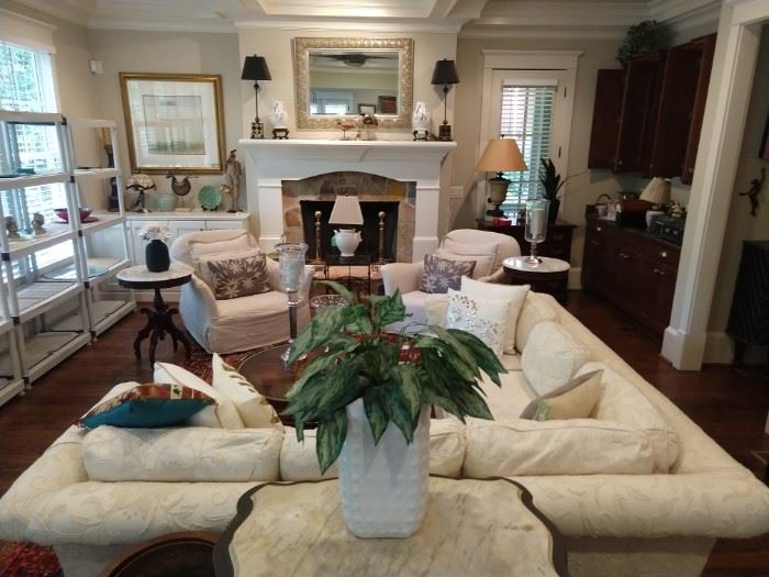 Living room full of goodies! Like new sectional sofa, by Perfection Furn. Co., Hickory, NC., PAIR of linen armchairs, by Verellen (Conceived in Belgium, perfected in America) pair of mahogany end tables, w/white marble tops, etc.