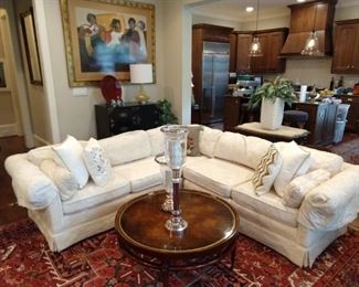 Better shot of the Perfection sectional, Weimann coffee table, Ralph Lauren Home silverplated hurricanes, all atop the amazing vintage Persian Heriz!