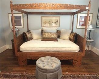 WONDERFUL carved wood Eastern Indian daybed, dated 1956, with all pillows and cushions, nicely upholstered ottoman.