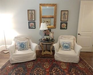 GORGEOUS Turkish flat weave rug, PAIR of Verellen linen armchairs, wooden table with marble top, set/3 hand painted origami Asian art pieces, vintage LaBarge gold wall mirror. 