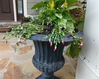 The best kind of outdoor planter - already planted!     This one of a pair has yellow celosia and pink moss, all in a cast iron "look" planter, but it's lightweight resin!