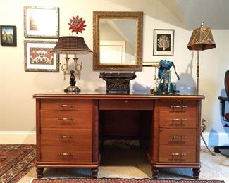 GREAT looking vintage walnut desk, with Underwood typewriter, HOT Frederick Cooper black lab lamp, papier mache "Blue Dog", by Jinx, #19.