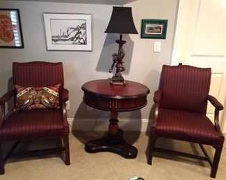 Nice pair of boring upholster armchairs, wooden tambour door drum table and fun monkey table lamp.
