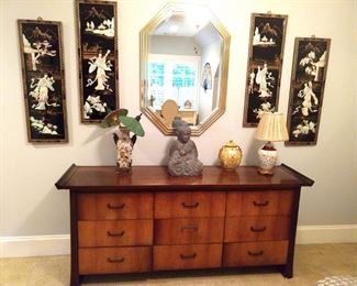 Asian inspired chest, with Asian lacquered 4-panel set, with MOP and soapstone.  