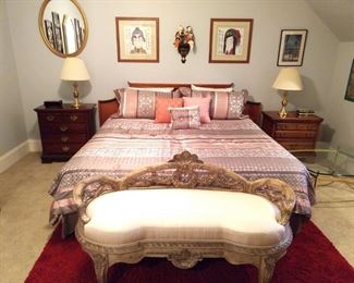 Vintage Stratford House Furniture (New York) Asian inspired king size bed, fancy schmantzy Frenchy designer bench, unmatched bedside tables (all the rage!), fun Asian-y art.
