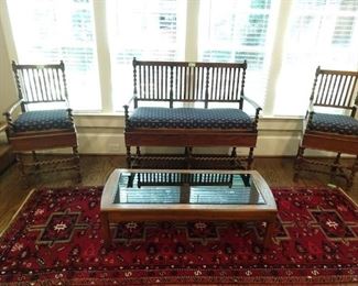 AMAZING vintage antique English oak barley twist pool chairs and settee, vintage oak smoked glass coffee table and Persian hand woven runner.