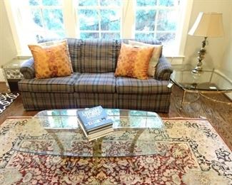Vintage plaid Bassett sleeper sofa, pair of brass/glass coffee tables.