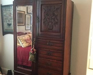 Antique Wardrobe - Beveled Glass. Antique Framed Samplers