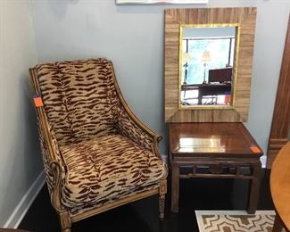 Baker chair, Asian side table, cool mirror 