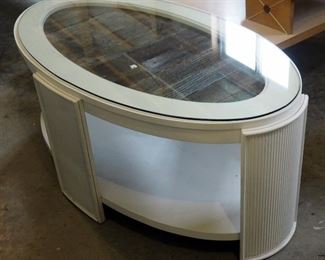 Oval Solid Wood Coffee Table With Barn Wood And Glass Top, 21" x 50" x 28"