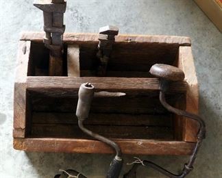 Antique Wood Carpenters Box With Wrenches And Hand Drills