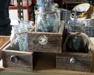 Barn Wood Drawers With Decorative Floral Mason Jar Set, 3 Sets And Single Barn Wood Drawer
