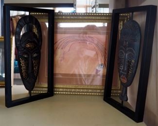 African Wall Art Including Framed, Matted, Under Glass, Ruth Willarg Print, 14" x 17" And Wood Masks