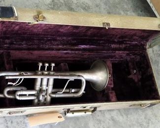 1930's Cavalier Trumpet With Silver Finish And Mother Of Pearl Button, Missing Mouth Piece Includes Getson Instrument Case