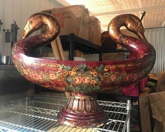 Large Antique Wood Swan Vase Hand Painted