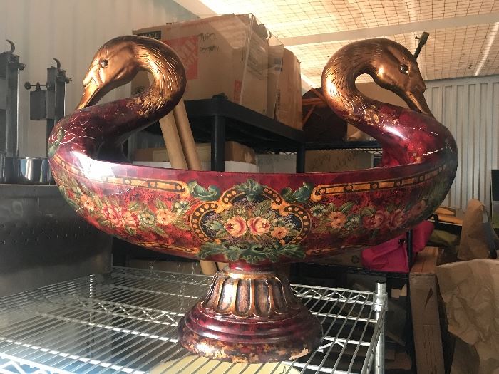 Large Antique Wood Swan Vase Hand Painted