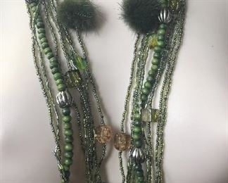 European Designer long necklace: wood, crystal, amber, fur