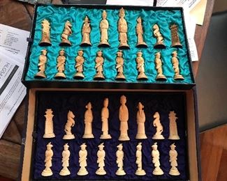 Antique Asian carved bone chess set