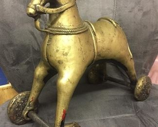 Antique Brass horse on wheels, India