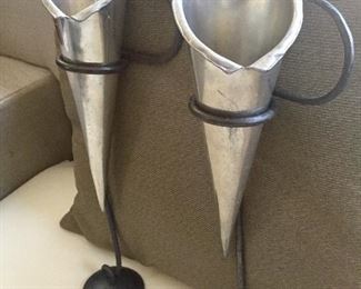 Modern rough iron and stainless steel vases signed