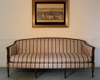 Hepplewhite down filled cushion sofa, hand colored etching with reverse painted mat and beautiful frame.  