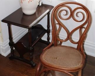 Bentwood rocker, transfer ware pitcher and small table.  