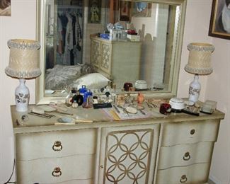Complete 1960s Bedroom Set: 2 End-tables; Dresser with Mirror; Chest; Headboard; Bed-frame