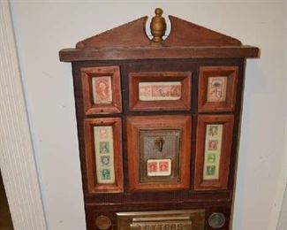 1870 TO 1920, GENERAL GEORGE WASHINGTON HISTORIC STAMPS AND COINS MOUNTED IN THIS CUSTOM MADE US MAIL DISPLAY.  VERY TALL.
