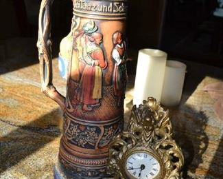21" tall West German stein, (no chips) and working Victorian clock.